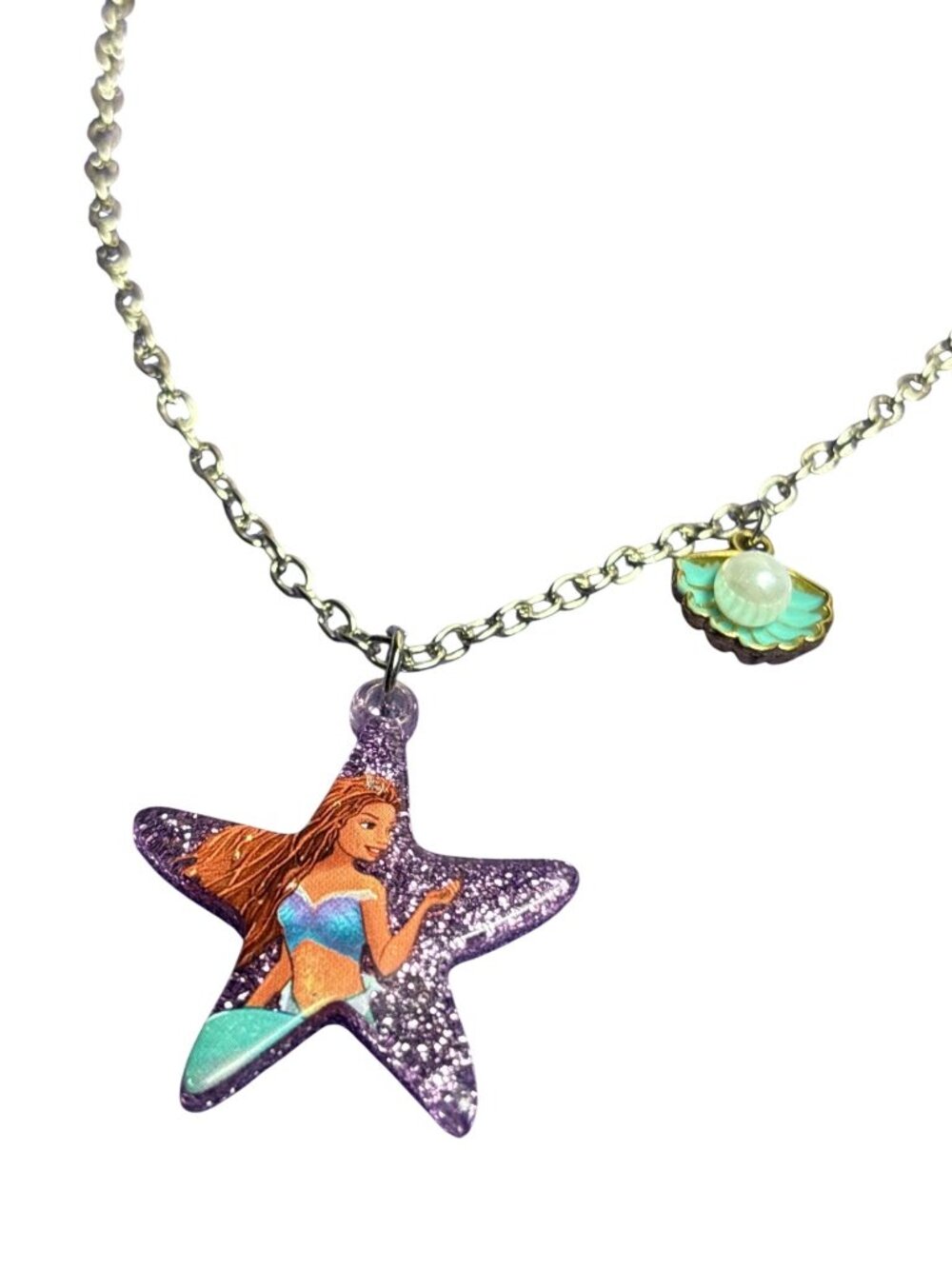 Disney Ariel The Little Mermaid Charm Necklace Star Shell Faux Pearl Silvertone